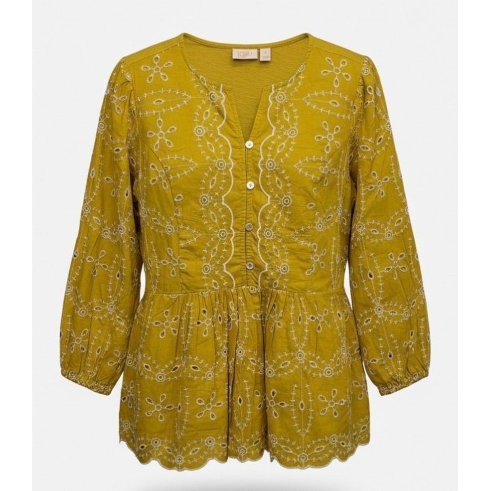 LOGO Lori GoldsteinTop Womens 38 Yellow Boho Blouse Eyelet Embroidered Peplum